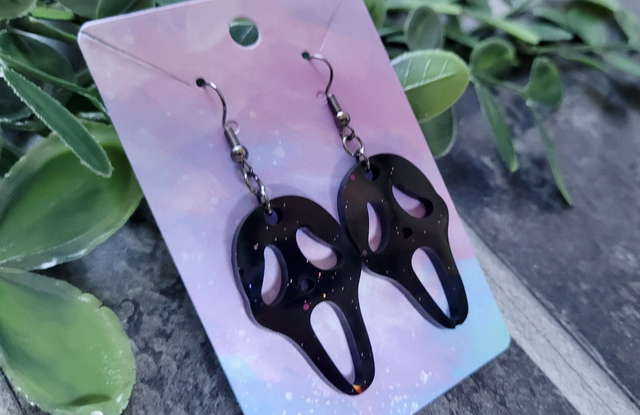 Earrings | Ghostface Scream Earrings - Black Holographic | Stainless Steel Hooks - Gunmetal Black