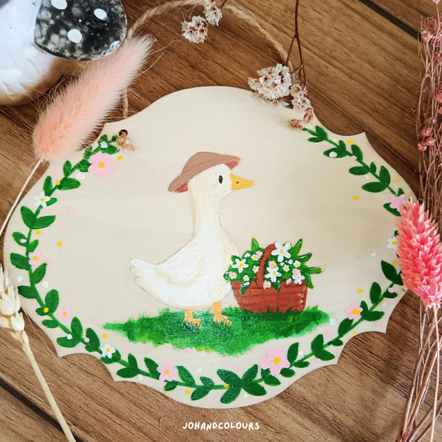 Plaque en bois peinte à la main - Oie et panier de fleurs