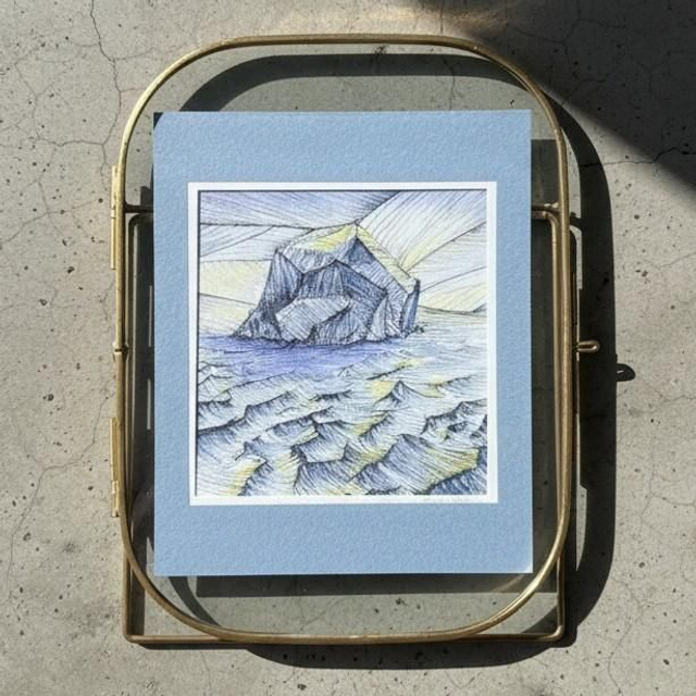 Encre et aquarelle - cadre verre -  Le rocher du Diamant - Martinique 