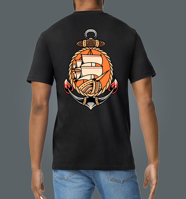 Traditional Tattoo Style Clipper &amp; Anchor Black Soft Spun Patterned T-Shirt