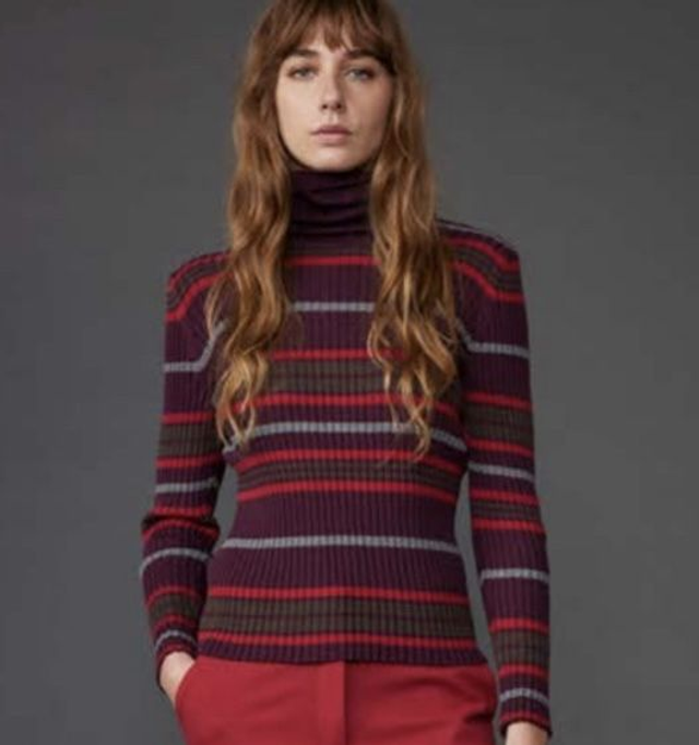 Red Stripe Cotton/Cashmere Skinny Ribbed Roll Neck Sweater