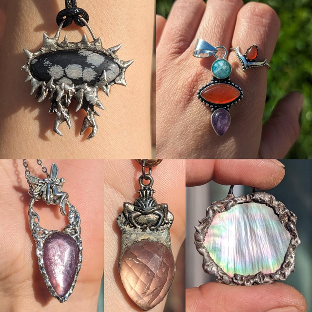 mother of pear necklace l , frog prince, gemmy lepidolite, snowflake obsidian ,soldered necklace, handmade jewelry, gift