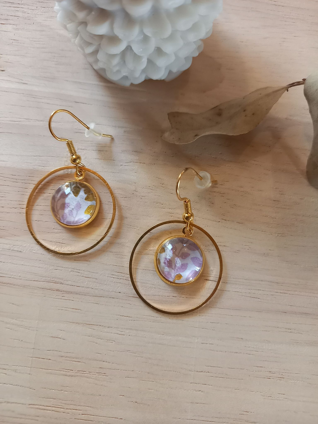 Boucles d&#039;oreilles Cabochon - cercle - avec papier décoratif feuilles