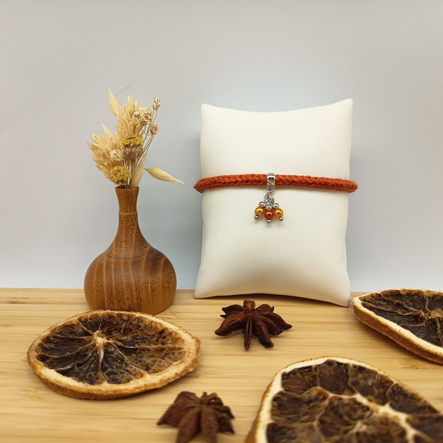 Parure orange foncé et argenté - Bracelet tricoté orange foncé et argenté