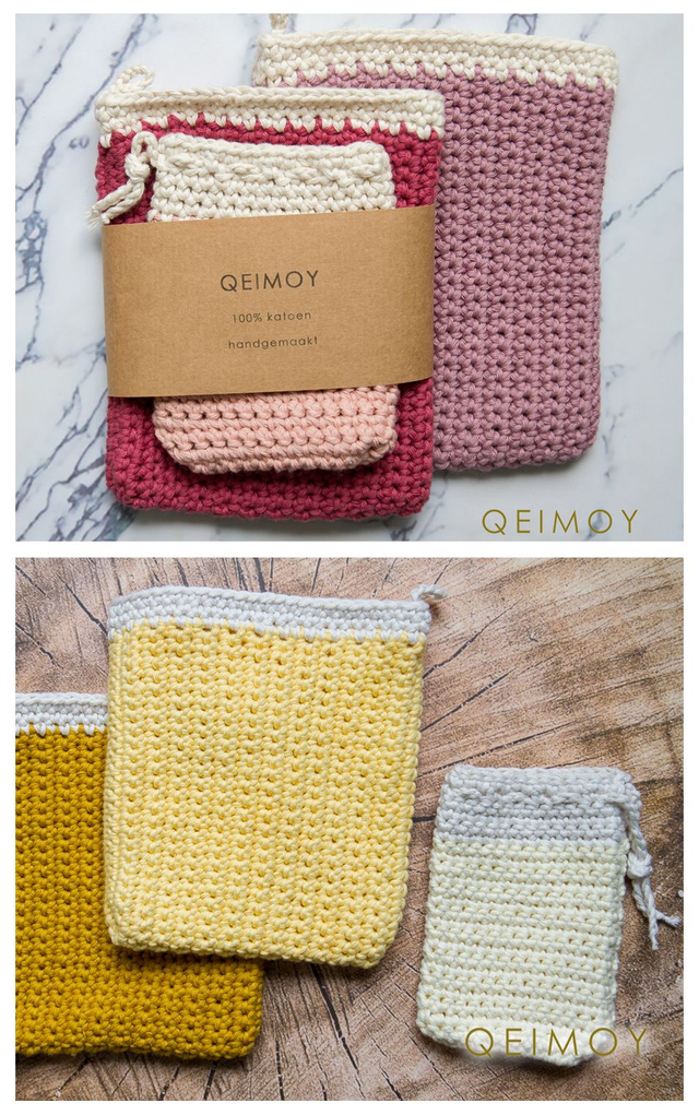 Beauty-set met 2 katoenen handgehaakte washandjes + zeepzakje