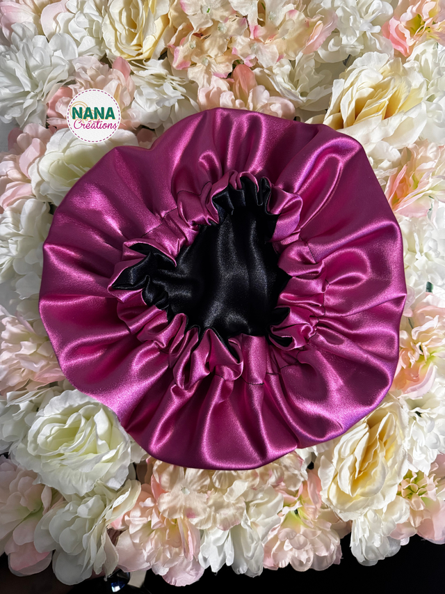Pack Framboise - Bonnet satin réversible bicolore + 2 chouchous assortis | Fait main | Protection cheveux | Fuchsia et noir