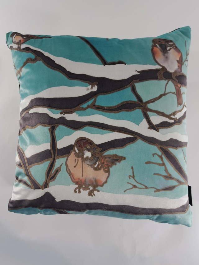 Bullfinch/sparrow double sided velvet cushion   