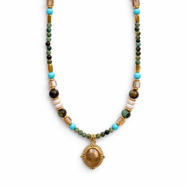 Collar acero piedras verde y turquesa 