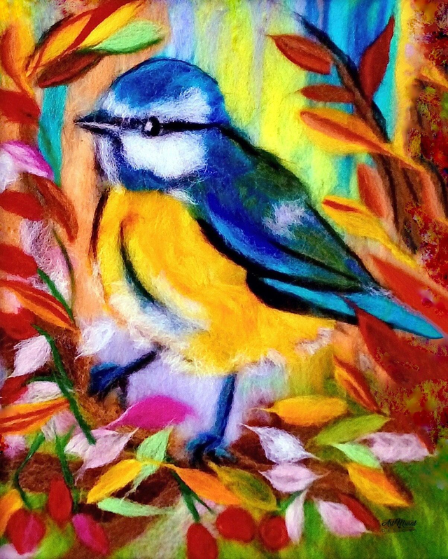 Tableau Mésange Bleue 🐦 | Art Mural Feutrage & Branche Cerisier – Déco Nature 🎨✨