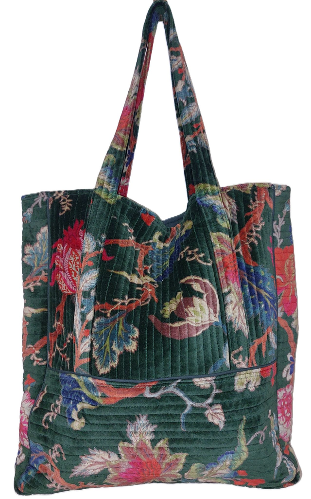 Sac cabas en velours vert - Tote bag - Confectionné en Inde 