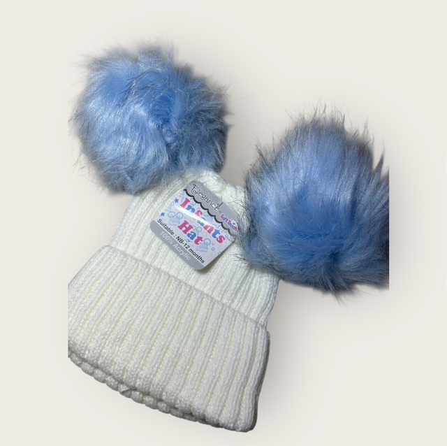 Baby’s White/Blue PomPom Hat