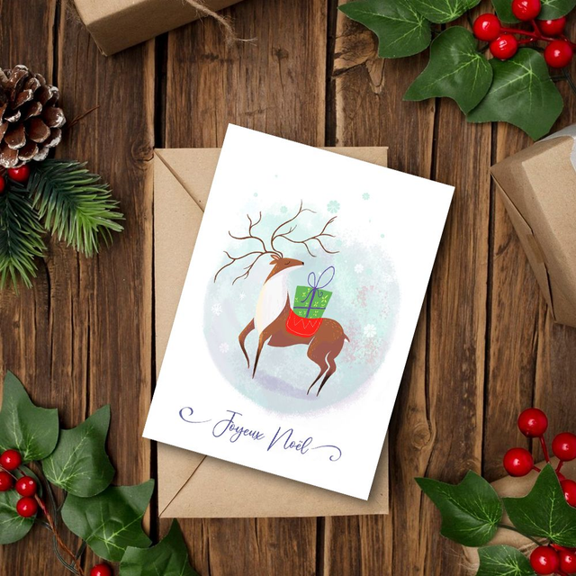 Carte de Voeux "Petit Cerf de Noël" avec enveloppe dorée