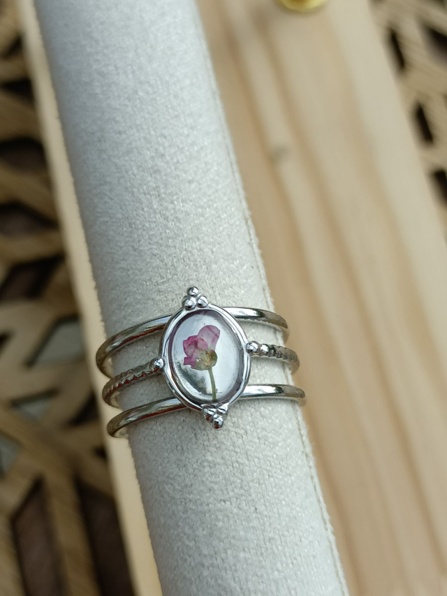 Bague Multirangs Réglable - Argent - Fleur rose