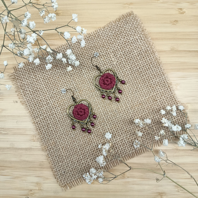 Boucles Cœurs Pampilles d'oreille bordeaux et bronze