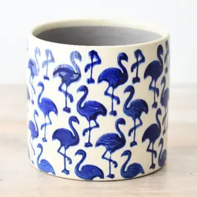 Blue Flamingo Stoneware Planter, 14cm