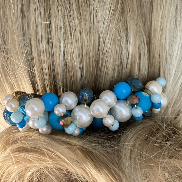 Turquoise Hair Comb Hand-wired Pearl and Bead Clusters