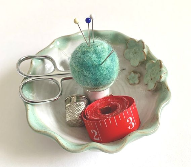 Ceramic Hand Thrown Pincushion, Needle Keeper with Dish, Pottery