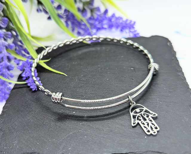 Stainless Steel Bangle with Hamsa Hand Charm 