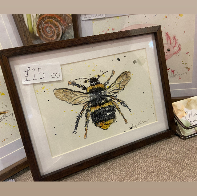 Original Honey Bee 5 x 7 framed painting in dark wood frame 