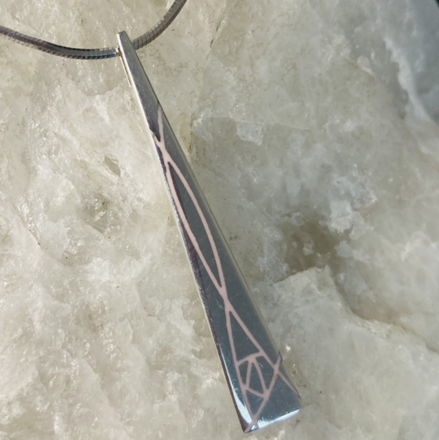 Kit Heath Art Deco Style Pendant Necklace with Pink Enamel Geometric Design on Sterling Silver