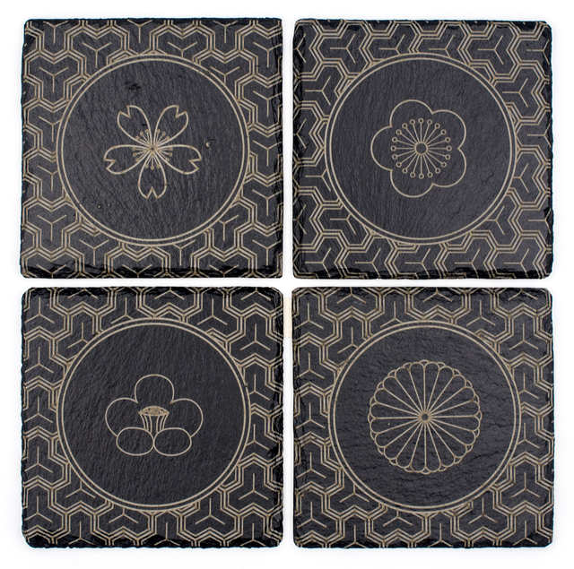 Dessous de verre en ardoise gravée – Bishamon Kikkō, lot de 4