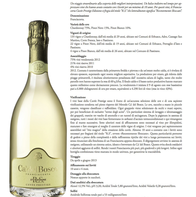 Ca’ Del Bosco RS Cuveê Prestige Affinamento su i lieviti 10 e 4 mesi