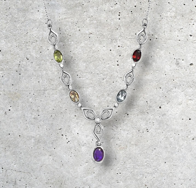 Multicoloured Natural Gemstones Platinum Plated Necklace.