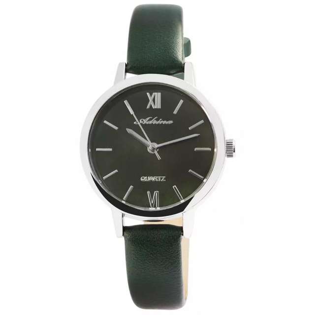 Montre marque Adrina femme fond vert chiffres bâton argenté brillant, avec bracelet en cuir de couleur vert