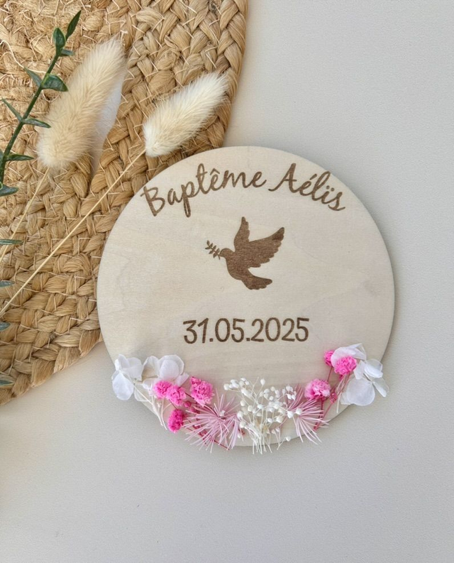 Pancarte bapteme fleurs séchées 