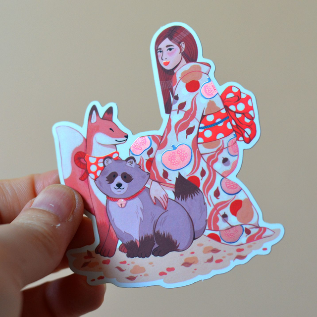 Sticker La fille, le kitsune & le tanuki