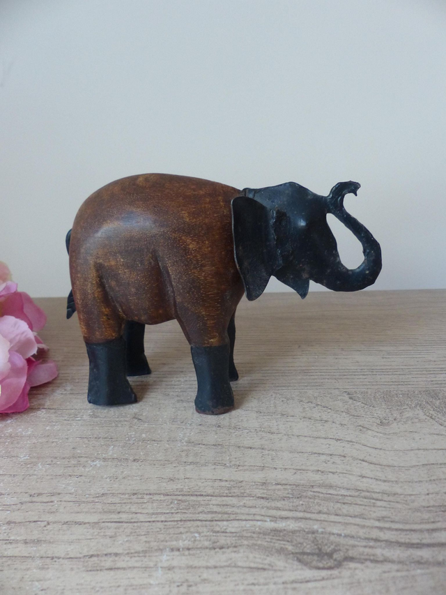 Figurine éléphant en bois et métal, Eléphant sculpté en bois, artisanat indien, Vintage wood and Iron elephant, sculpture éléphant cadeau