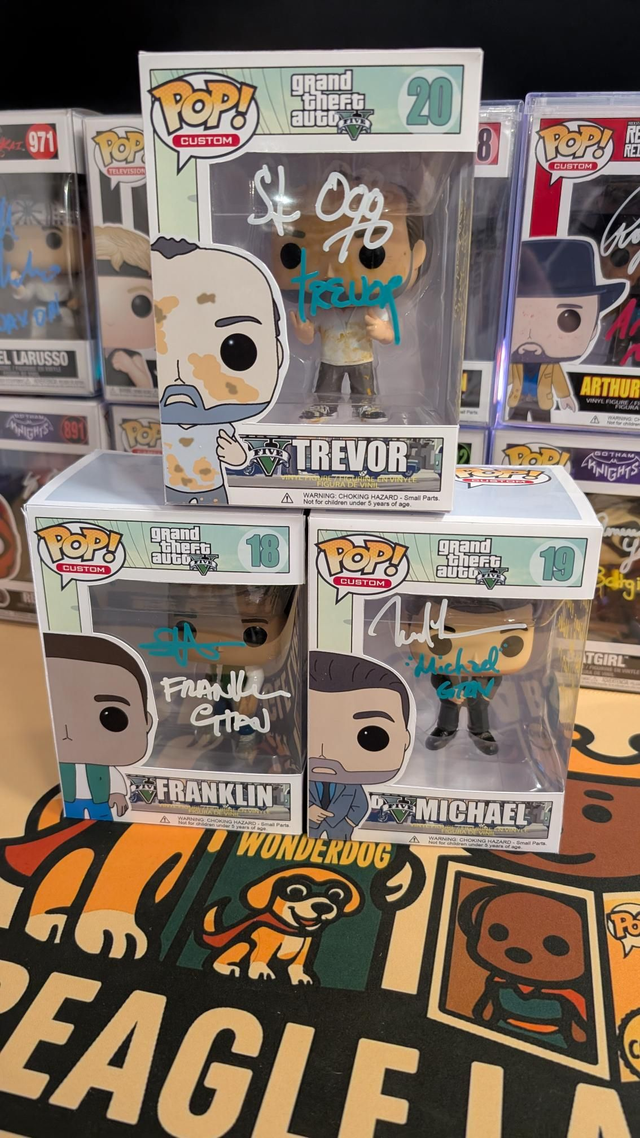 Custom Funko Pop x3 GTA V 5 Trevor Michael and Franklin Signed with Swau &amp; Monopoly COA