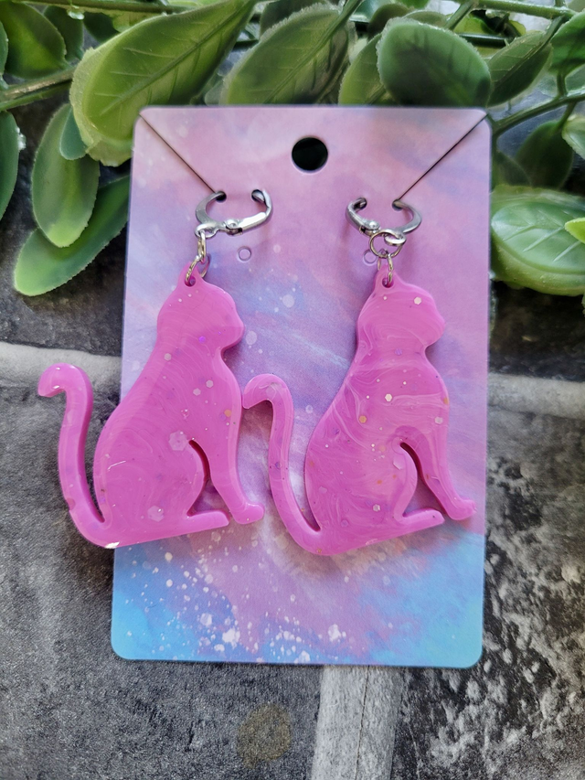 Earrings | Pink Cats - Glitter Swirl | Stainless Steel Hoops