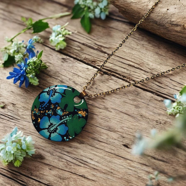 Collier dessiné Flora acier inoxydable bleu turquoise et vert