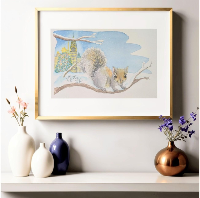 Tableau aquarelle d'hiver écureuil aux USA - animaux hivernaux du monde