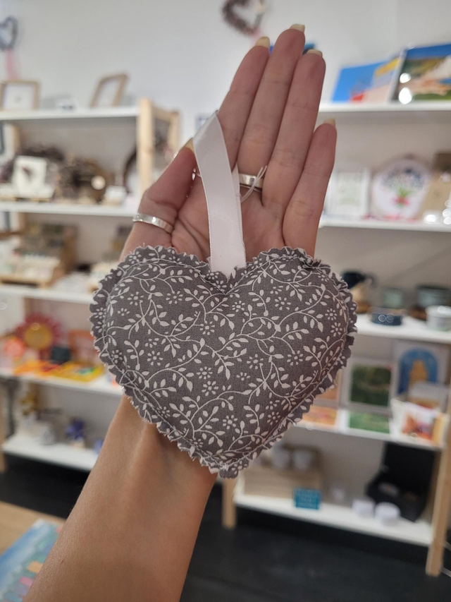 Grey and white floral heart shaped hanging decoration - 100% cotton - HBH-004