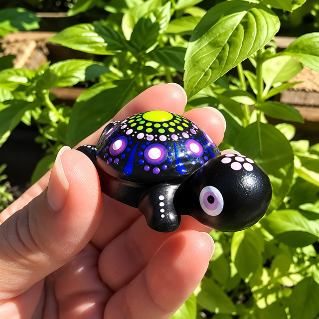 Petite tortue décorative – Mandala vert et violet pailleté - peint à la main