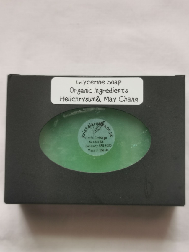 Glycerine Soap (organic ingredients) with organic Helichrysum & May Chang         80 gm approx