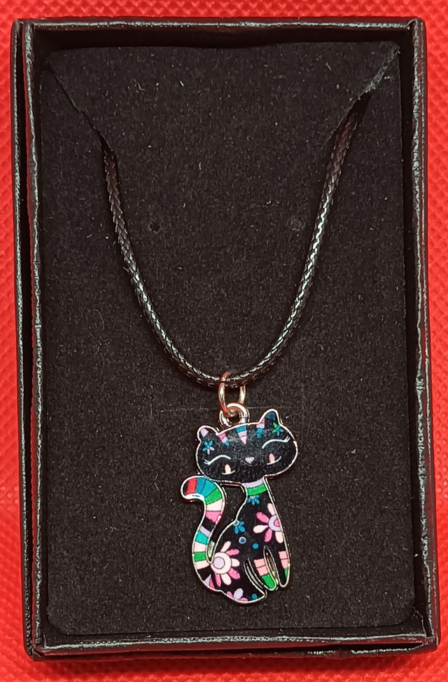 Enamel Black Cat Pendant Necklace.
