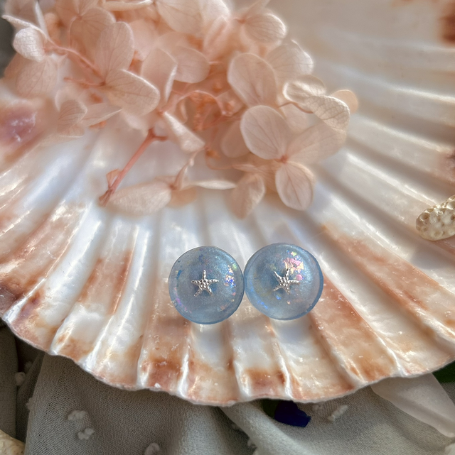Silver Starfish Circular Stud Earrings Holographic Stainless Steel