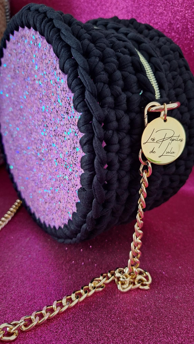 Sac en Résine Rond Paillettes Rose Girly, crochet noir 