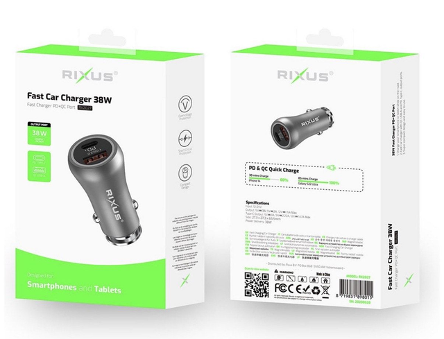 Chargeur de Voiture Original Rixus RX2027 – 38W Ultra Rapide | Double Port USB-C PD + USB-A QC 3.0