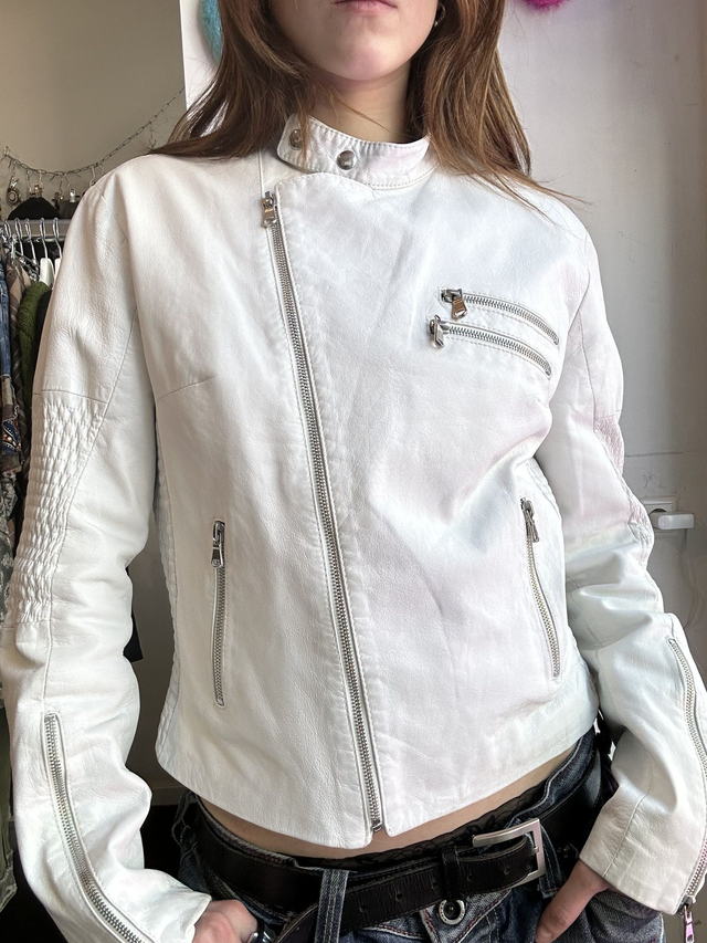 white leather jacket with asymmetrical zipper
