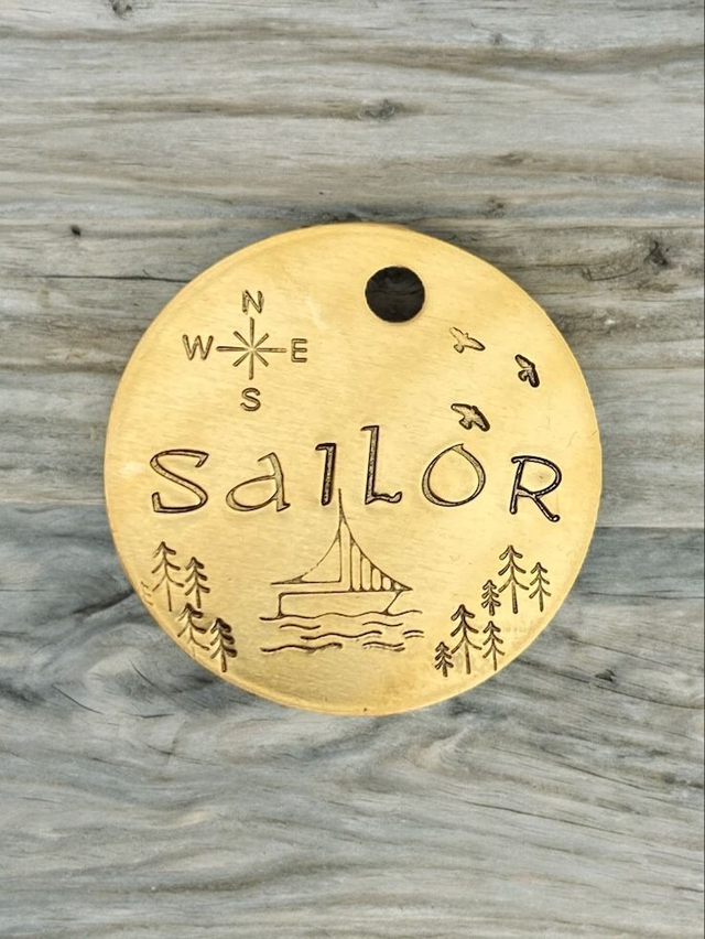 Sailor - nautical themed handstamped personalised pet tag