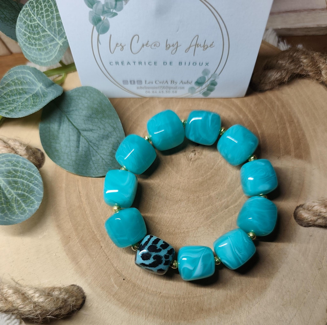 BRACELET PERLES TURQUOISE/LEOPARD 0001167