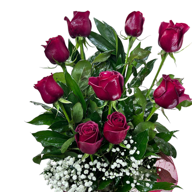 Fascio di rose rosse con gipsofila 