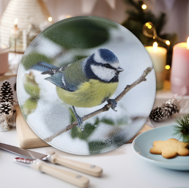 “Beatrice Blue tit in the Snow” Round Worktop Saver 