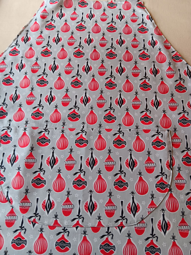 Kitchen Apron Cotton Baubles Print Fabric with Grey Lining and straps. Adjustable neck tie, lined matching pocket