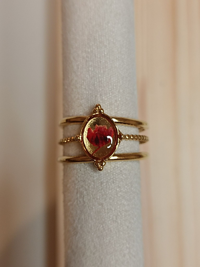 Bague Multirangs Réglable - Or - Fleur rouge