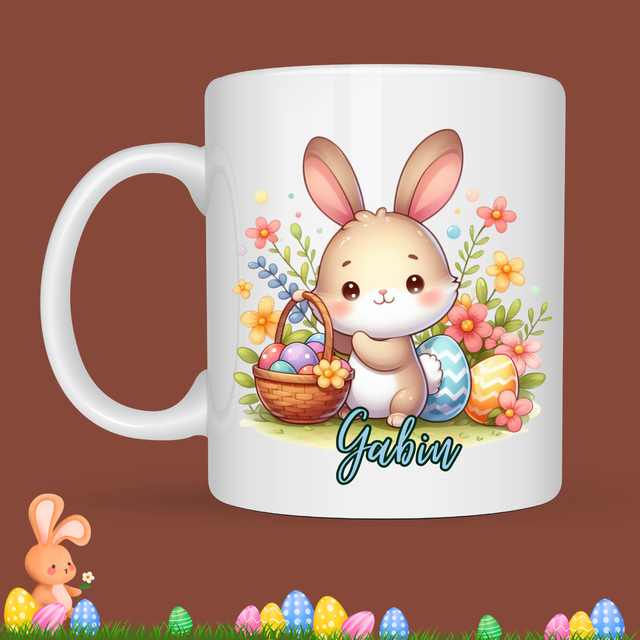 Mug de Pâques "Lapin et son panier", prénom au choix  